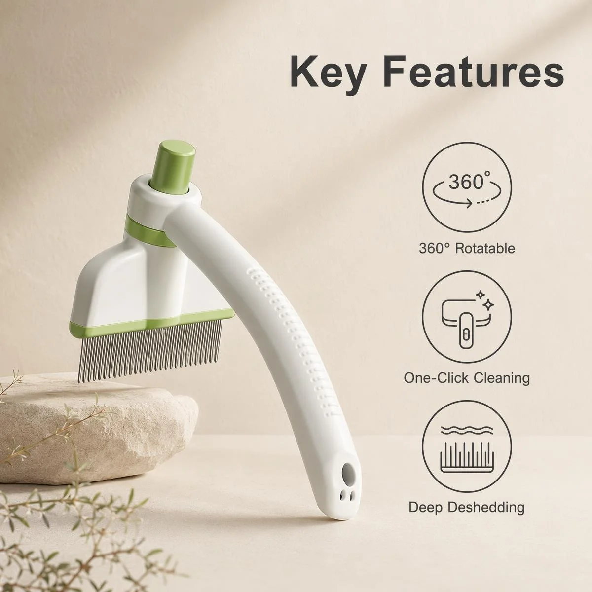 INS Style Rotatable Deshedder for Pets, One-Key Self-Cleaning, Anti-Matting Comb, Cats Dogs, 200x80mm