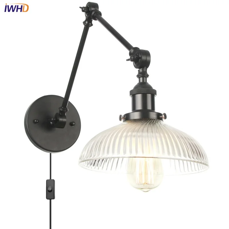 

IWHD Glass US EU UK AU Plug In LED Wall Lights Fixtures Home Decor Bar Bedroom Bedside Lamp Industrial Loft Swing Arm Luminaire