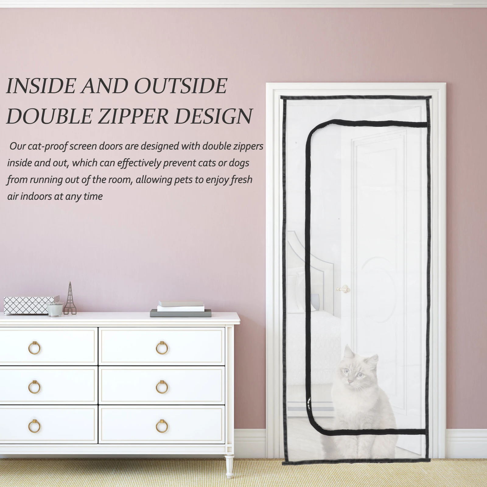 

Anti Cat Dog Mesh Door Zipper Screen Black Obstruct Sun Shade Proof Easy Install Pet Door Long Time Use Mosquito Proof