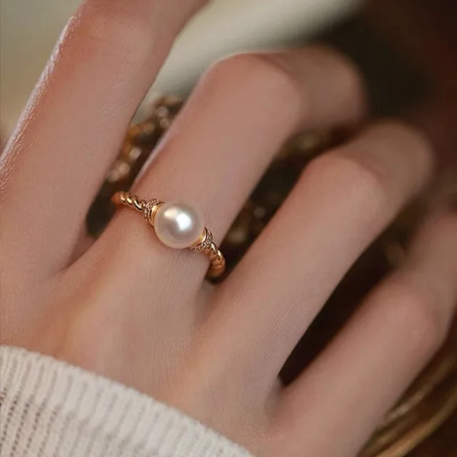 

14 K Gold Color Adjustable Pearl Ring for Women Bride Open Shining Finger Rings Birthday Wedding Jewelry Gifts Not Fade