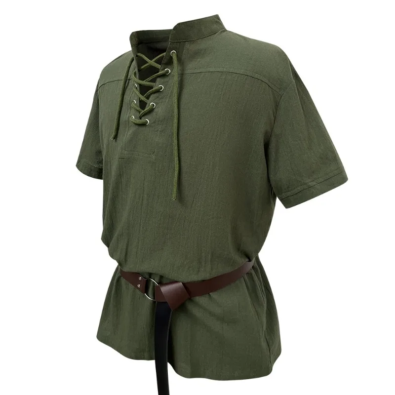 

Medieval Pirate Shirt Men Lace-up Steampunk Shirt Short Sleeve Renaissance Blouse with Belt Adult Halloween Pirate Costumes