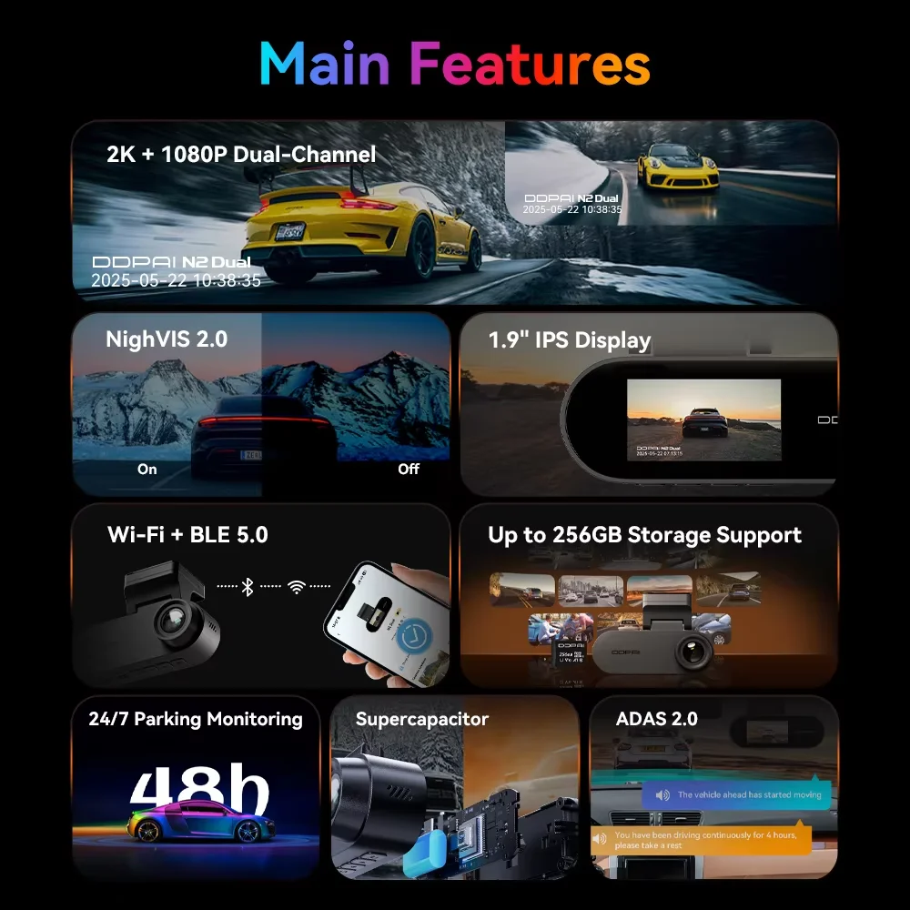 DDPAI N2 Dash Cam 2K Night Vision 24H Parking Monitor ADAS WiFi APP Control Car DVR Car Camera
