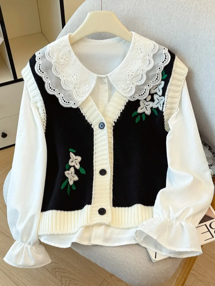 

Women's Long Sve Knitted Vest Set with Embroidered Flowers Layering Doll Collar irt Comfortable Korean Sle Commute