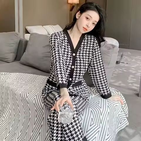 Sweet V-neck Grid Pajamas Women Loose Casual Leopard Sleepwear Set Spring Autumn Homewear Long Sleeves Pajamas Women