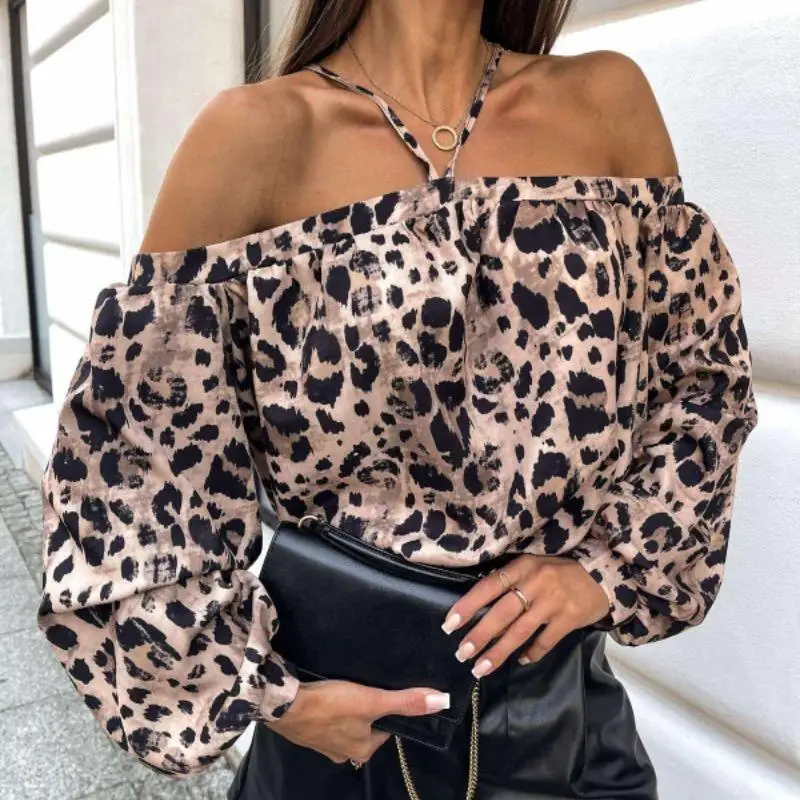 

GELITAYIN Zebra Print Slash Neck Sexy Blouse Women Tops Long Sleeve Casual Leopard Print Shirts Women Elegant Retro Off Shoulder
