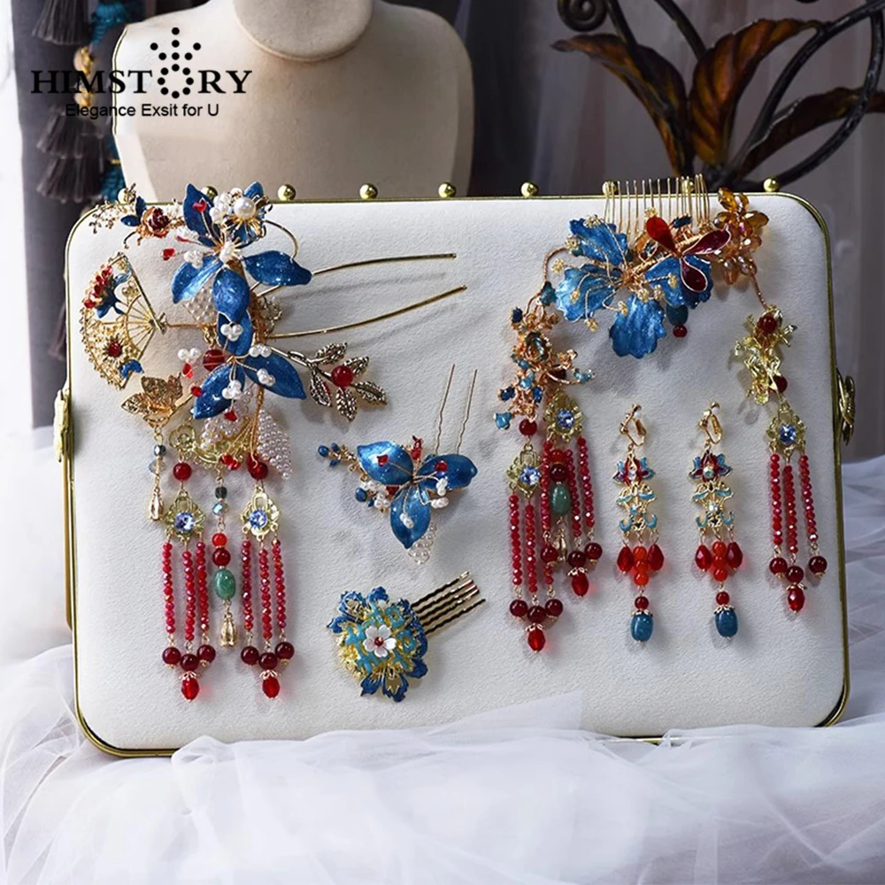 

HIMSTORY Ретро Китайский жидкий цветок шпилька Hanfu синий цветок головной убор традиционная Невеста Xiuhe Старинное платье