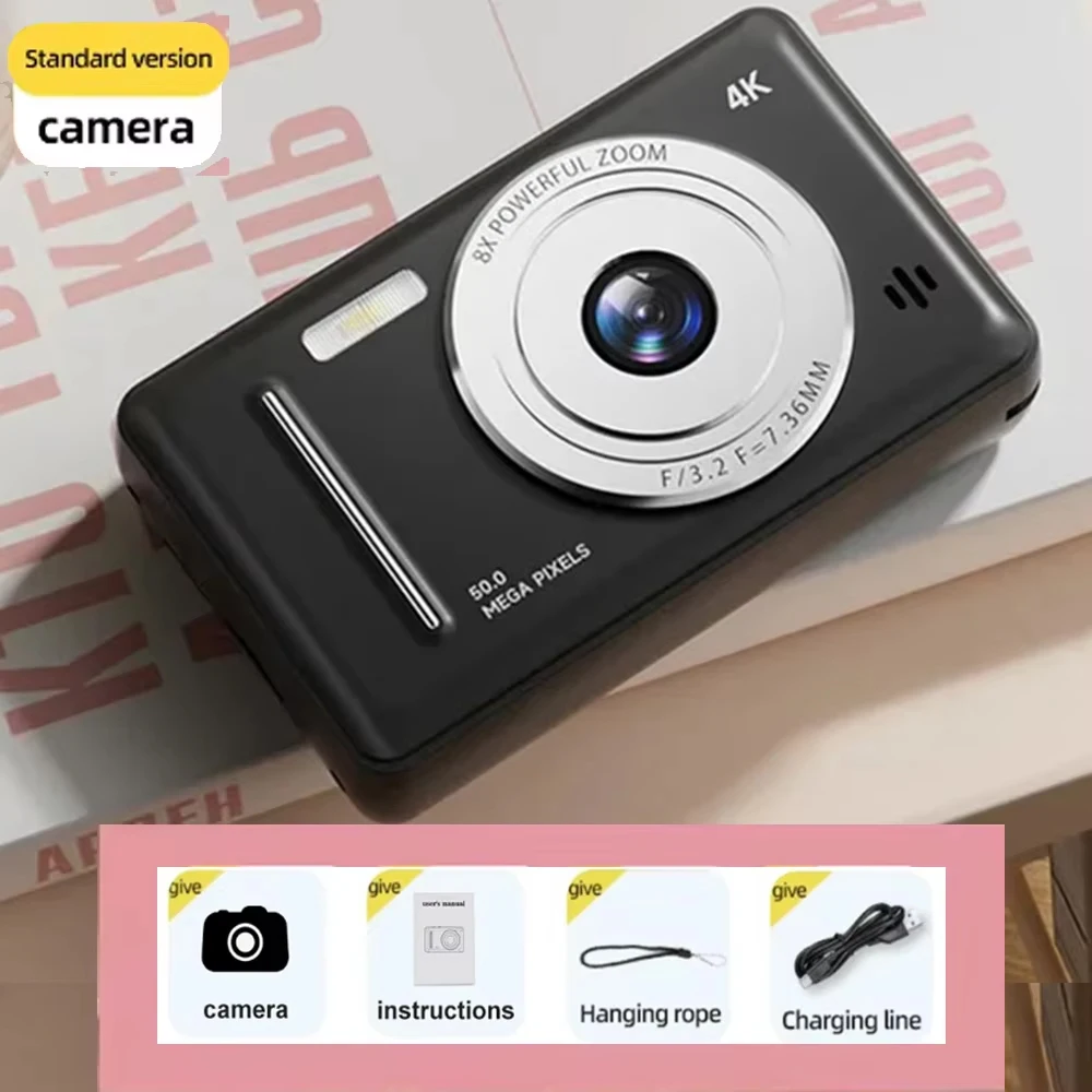 64GB 4K Digital Camera 8x Zoom Retro CCD Portable Card Camera Flash 50 Million HD Pixel Auto Focus Anti-shake Student Cameras