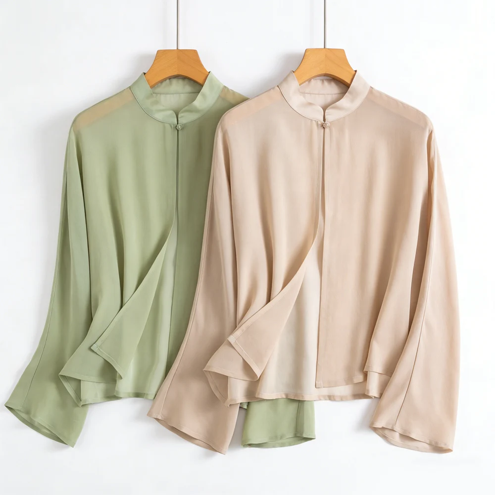 

Женская повседневная весенняя одежда: полупрозрачная куртка из 100% натурального шелка тутового шелкопряда цвета «розовая кожа» с воротником-стойкой и защитой от солнца