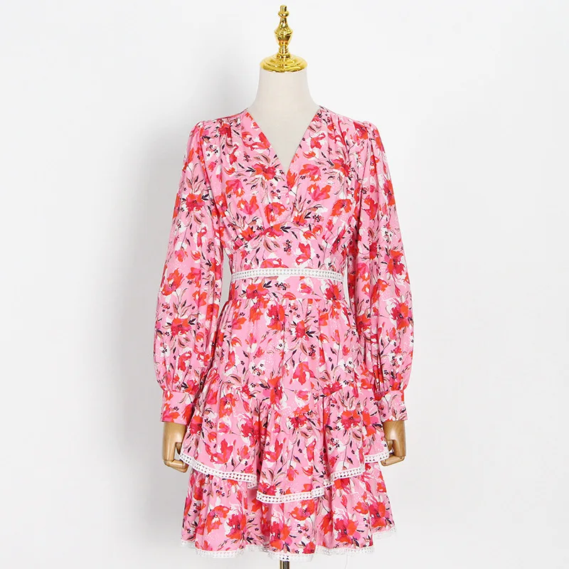 

Women’s Pink Floral Print V-Neck Long Sleeve Lace Trim Tiered Mini Dress Sweet Vacation Party Dress
