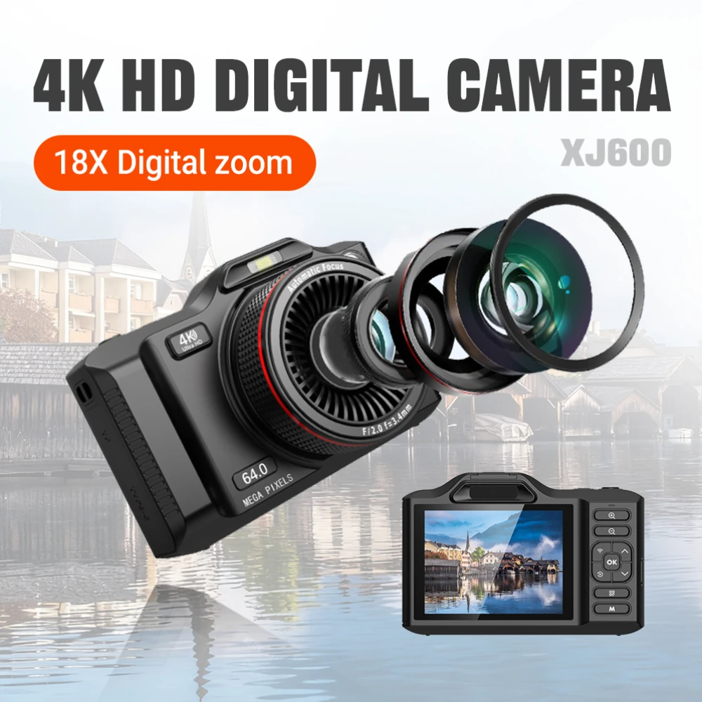 

Профессиональная цифровая камера 4K для дома, 64 МП, с двумя камерами (передняя и задняя), 18-кратным цифровым зумом и 2,8-дюймовым экраном для видеоблогинга и фотосъемки