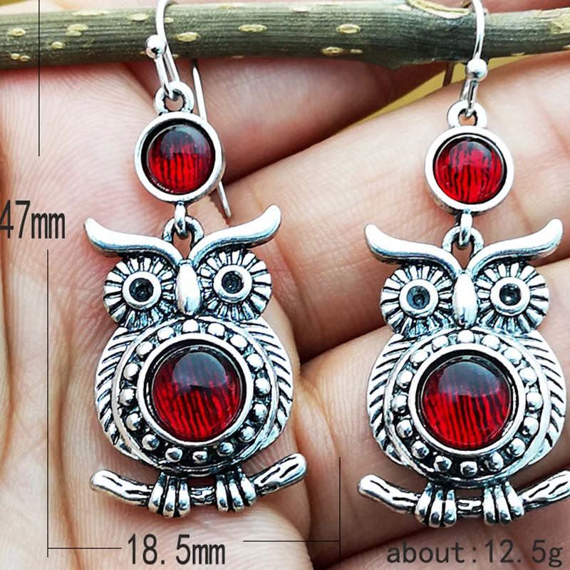 Vintage Red Round Stone Owl Earrings Lovely Animal Jewelry Thai Silver Color Statement Dangle Earrings Party Accessories