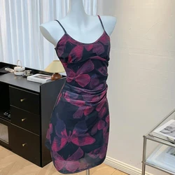 Sexy Spaghetti Strap Backless Ruched Elegant Party Dresses for Women Summer Vintage Butterfly Print Y2K Bodycon Club Mini Dress