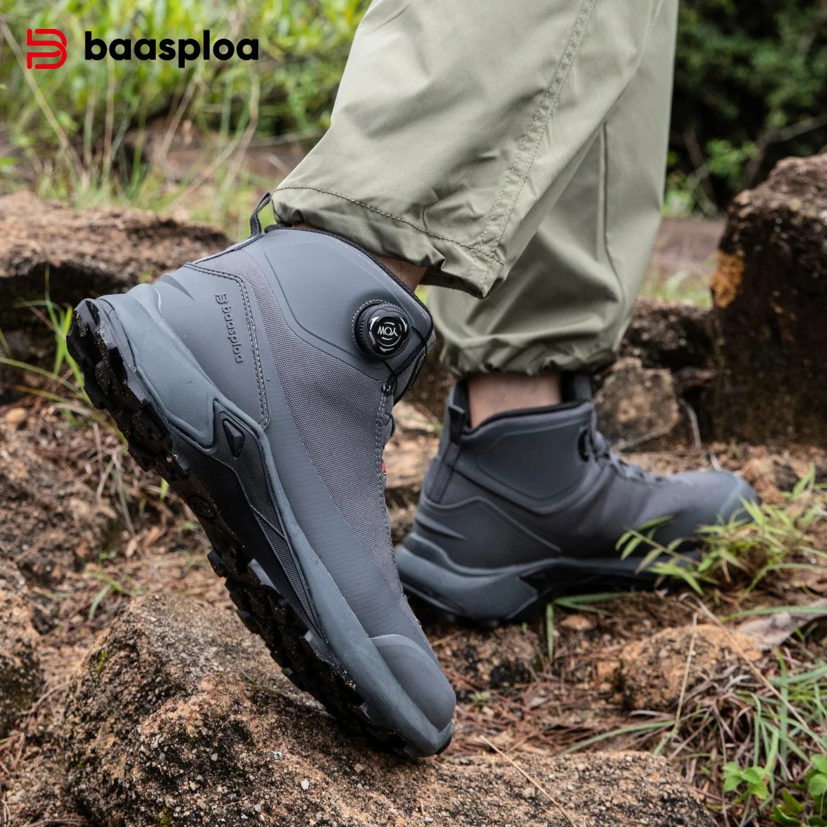 Baasploa Men Hiking Shoes Anti Splash Water Rotating Button Outdoor Sneakers New Comfort Cotton High-Top Walking Shoes Non-Slip