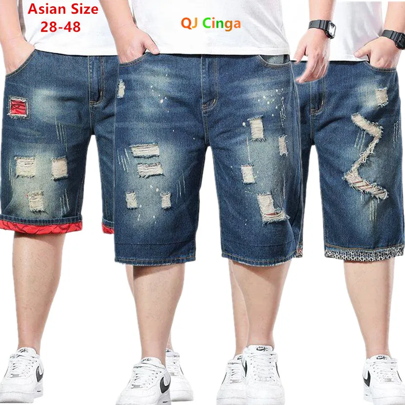 

Dark Blue Men's Jeans Shorts, Fashion Casual Ripped Denim Shorts, Asian Size 28-38 40 42 44 46 48