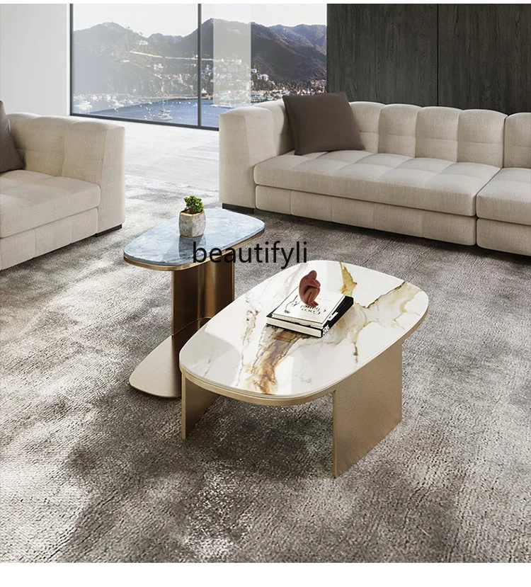 Stone Plate Coffee Table Simple High-End Tea Table Size Combination Living Room Stainless Steel round Tea Table