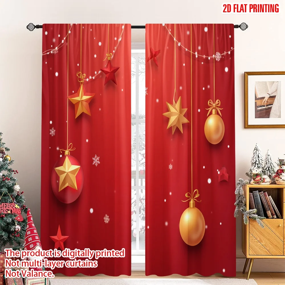 

2pcs 2D flat printing Christmas Party Curtain Christmas Red Star Snowflakes Polyester Without Electricity Spring Use for Photo