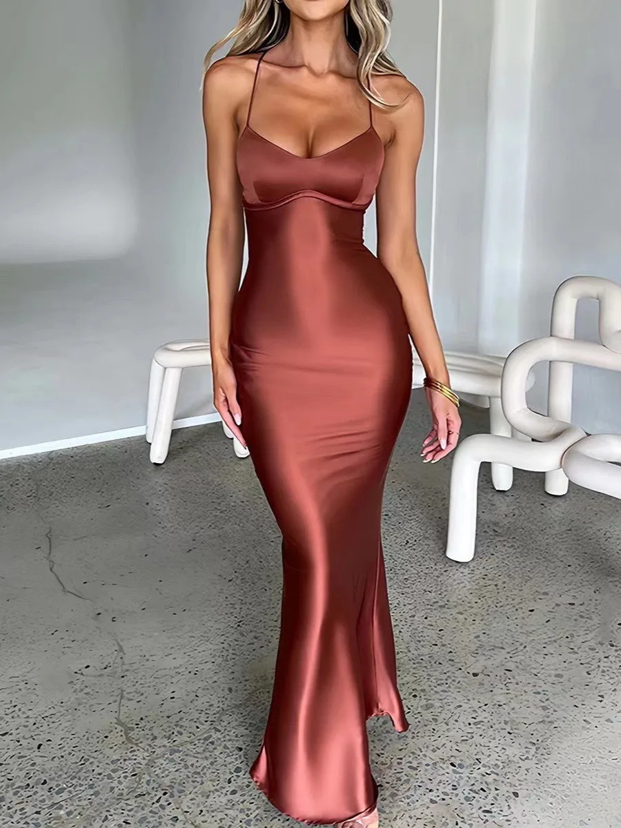 Long Satin Off-Shoulder Dress - close-up view