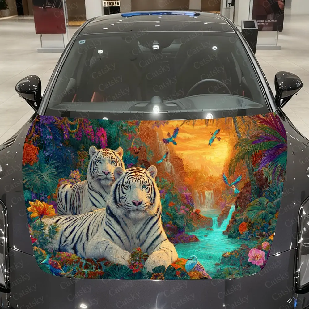 Sunset Stream Totem White Tiger Car Vinyl Wrap, PVC Waterproof Car Hood Sticker, Self-Adhesive Scratch-Resistant Stickers