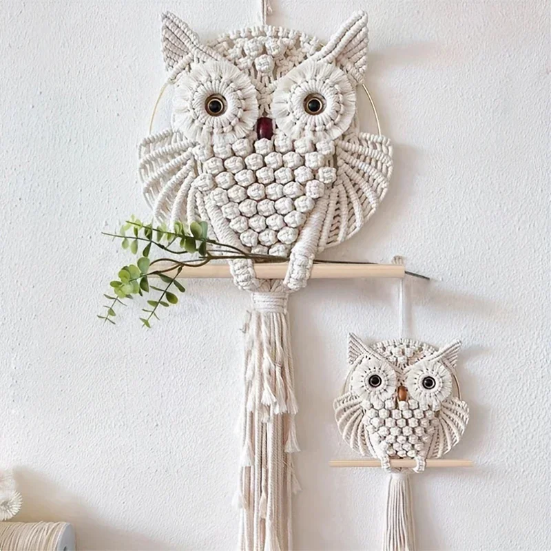 Owl Tapestry Hand-woven Owl Dream Catcher Wall Hanging Macrame Mandala Tassel Boho Decor DIY Apartment Dorm Room Home Decoration