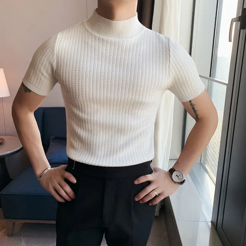 Autumn New Short Sleeve Knitted Sweater Men Tops Clothing 2025 All Match Slim Fit Stretch Turtleneck Casual Pull Homme Pullovers
