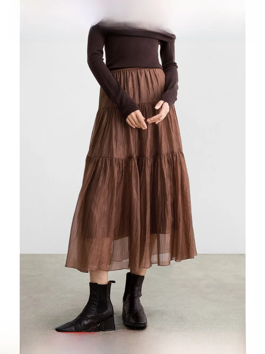 

ROCO Spring New Ultra Fairy Pearl Color Silk A-Line Multi-Layer Hem Long Skirt Cake Skirt Slimming Midi Skirt High Waist