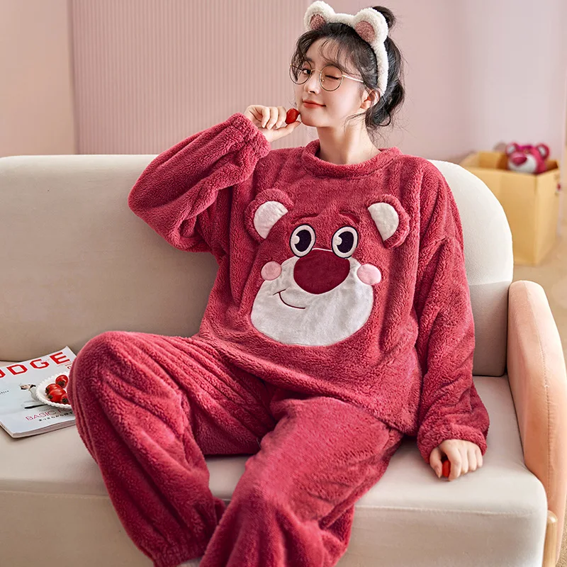 Sanrio Strawberry Bear Pink Autumn and Winter Crew Neck Pullover Pajamas Women's Coral Fleece Warm Cute Pacha Dog Loungewear Set