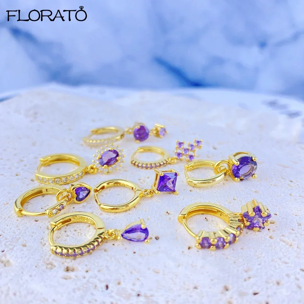 925 Sterling Silver Ear Needle Elegant Purple Crystal Heart Earrings Trend Hoop Earrings for Women Cartilage Puncture Jewelry