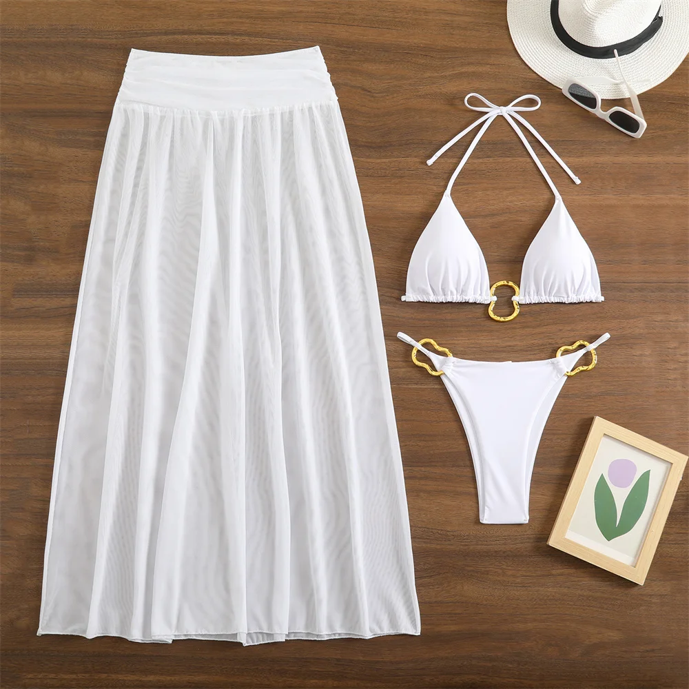 Sexy anéis biquíni triângulo corda maiô sem costas bandagem férias banho de malha saia feminina praia roupa de banho biquinis