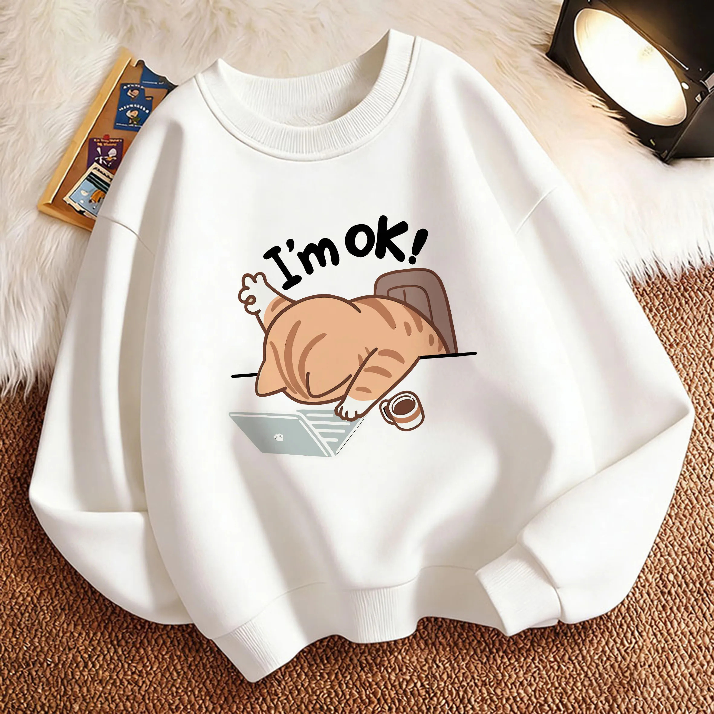 Funny I Am Ok Computer Cat Design Children's Sweatshirt Pullover Spring Crew Neck Graphic Print Hoodie Boy/Girl Kids Hoody