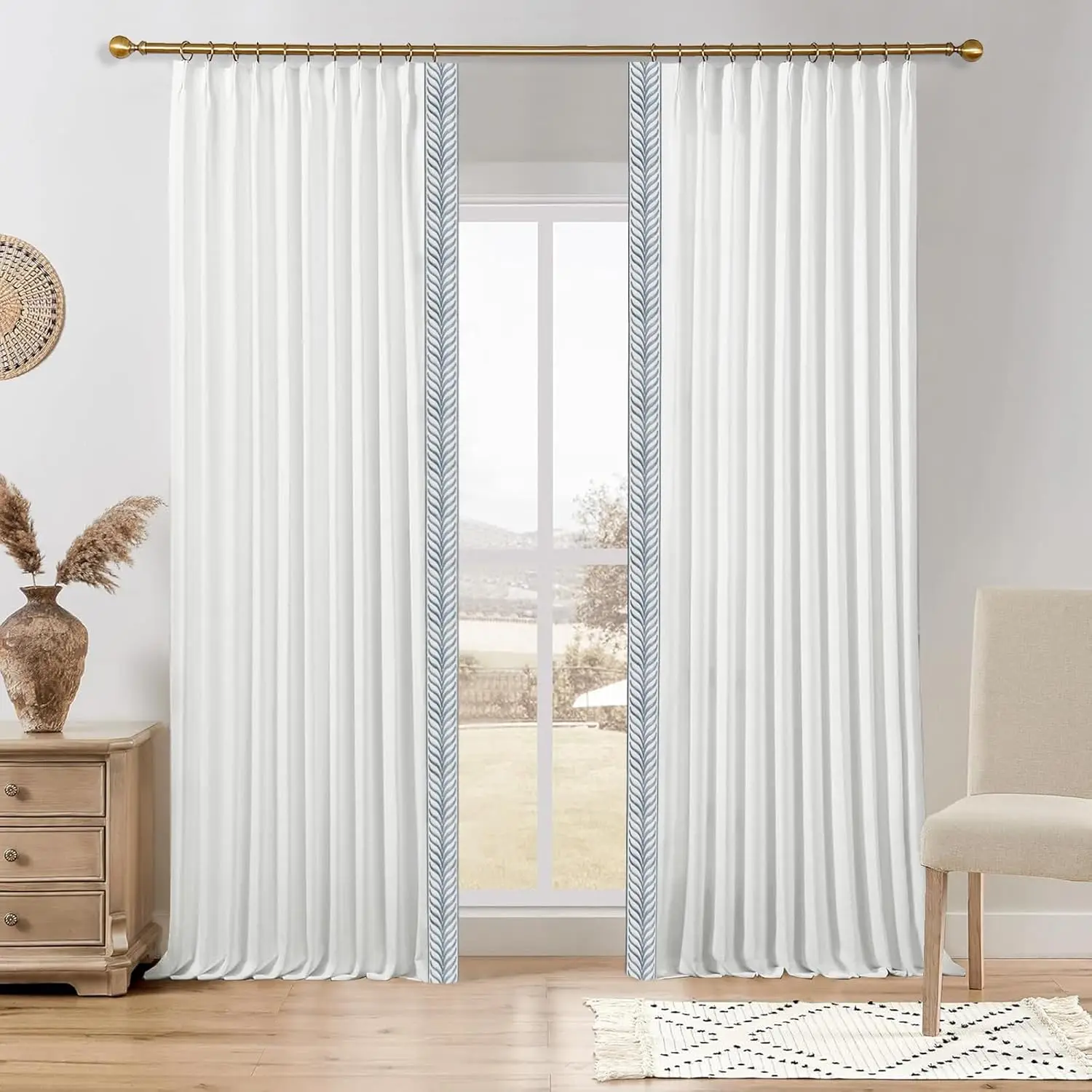 Blackout Linen Curtains, Heavy Weight Pinch Pleated Blue V Tape Trim Curtains for Bedroom, Living Room, 50 Width 120 Inch Long,