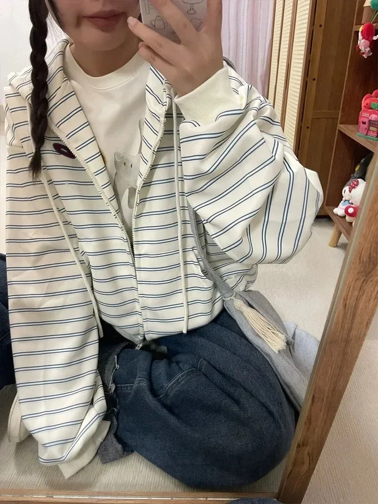 

Korean Style Stripe Hooded Cardigan Hoodie Women Autumn New Small Lazy Loose Oversize Zip Hoodie Outerwear Sweatshirt