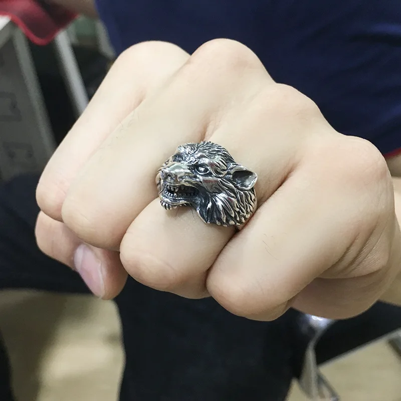 Bague d'ouverture en argent regardé pour hommes et femmes, ornement de mode, vintage, thaïlandais, personnalité, tête de loup dominatrice