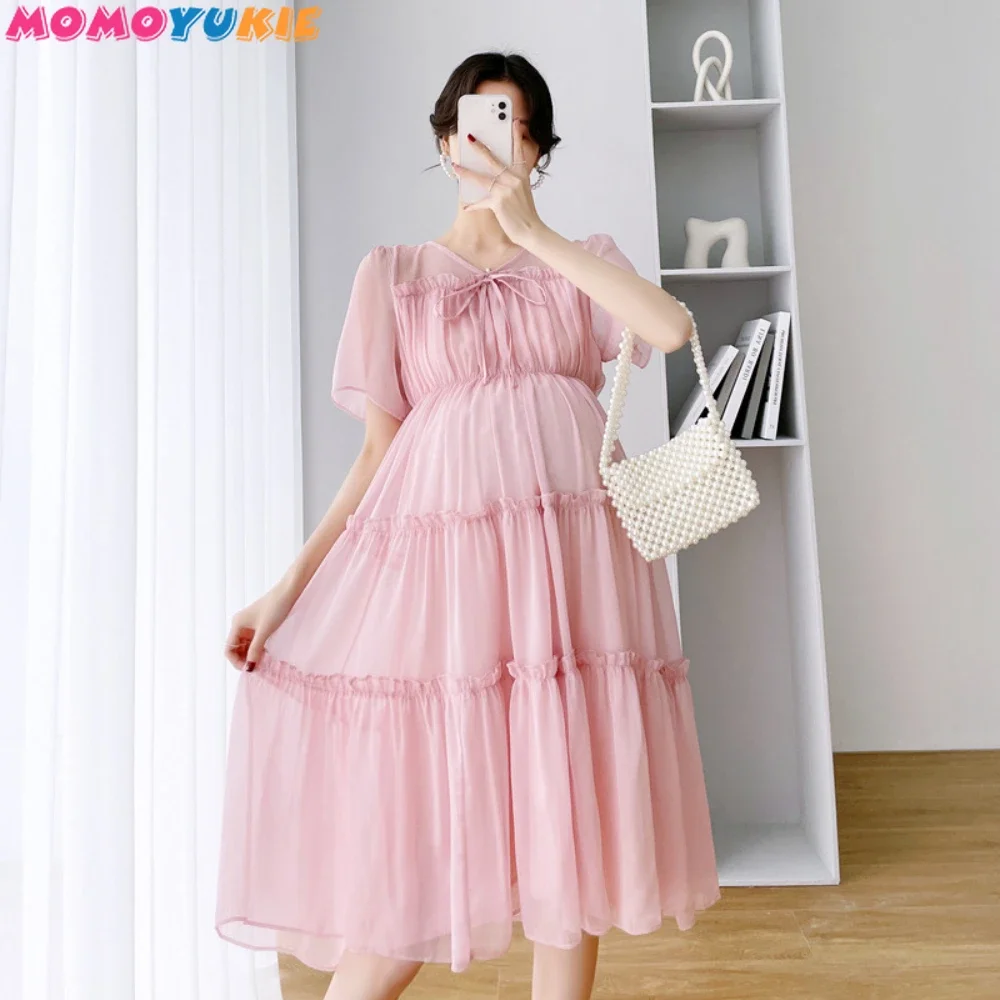 2022 New Fresh Fairy Maternity Solid Chiffon Cake Dress For Summer Pregnancy Clothes V-Neck Knee-Length Pregnant Vestidos