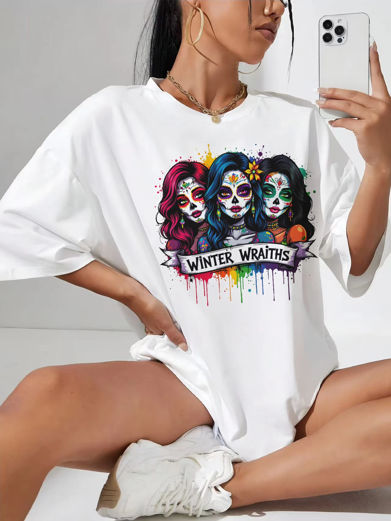 

Белая футболка для беременных Winter-Wraiths-Colorful-Sugar-Skull Festival, непринужденная, облегающая, с круглым вырезом, удобная для беременных