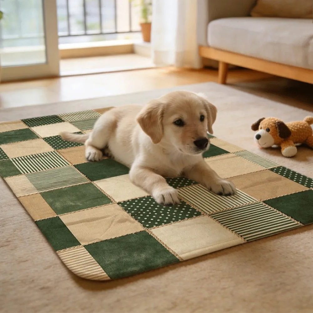 Trendy green beige patchwork squares Machine Washable Reusable Dog Training Mats Reinforced for Longevity