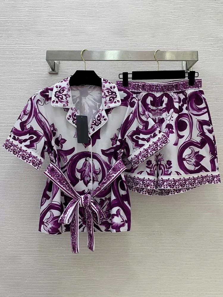 High-Grade Purple Blue-And-White Porcelain Printed Shirt Summer New Women's Two-Piece Pants High Waist Shorts Fashion Home Suit
