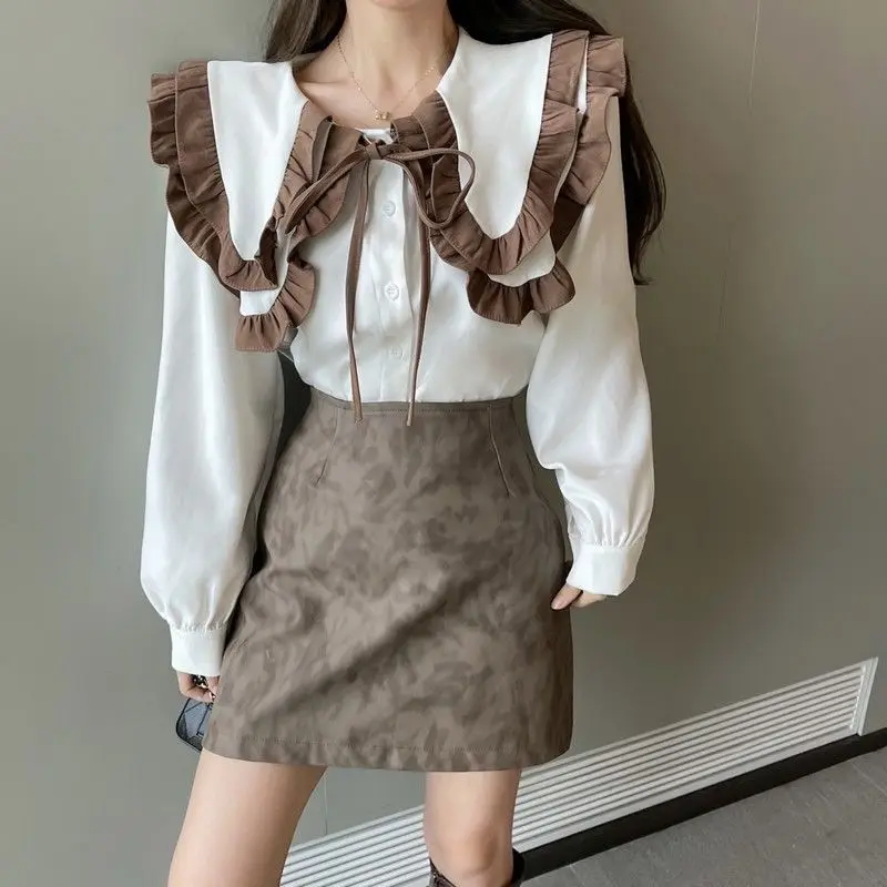 Autumn Winter Peter Pan Collar Korean Patchwork Blouse Women Clothing Sweet Buttons Loose Long Sleeve Shirts Femme Ruffles Tops