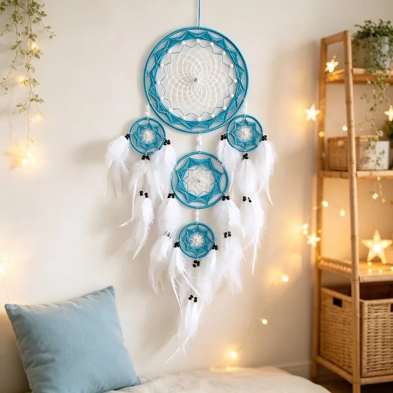 Multi‑ring Handmade Dreamcatcher White Feather Wall Hanging Ornament Boho Home Bedroom Wall Decor Art Gift for Festival.