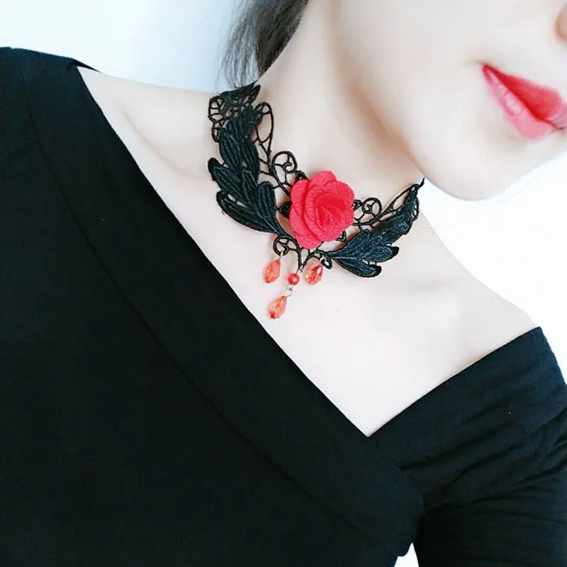 Fashion Lace Choker for Girl Lady Women Bithday Gift Tassel Flannel Weaving Vintage Flower Beads Necklaces Neck Jewelry