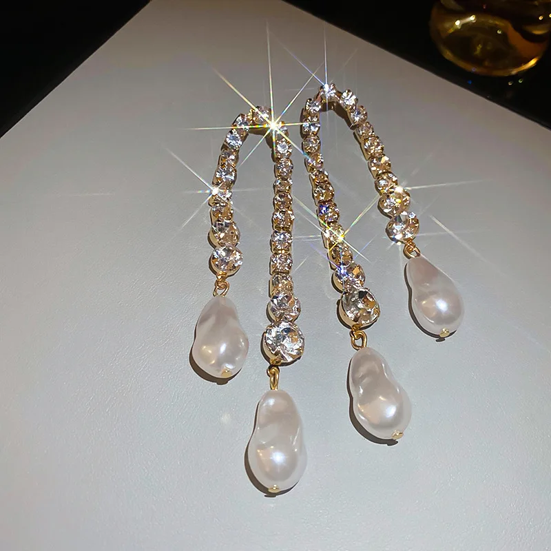 Long Irregular Pearl Crystal Tassel Dangle Earrings