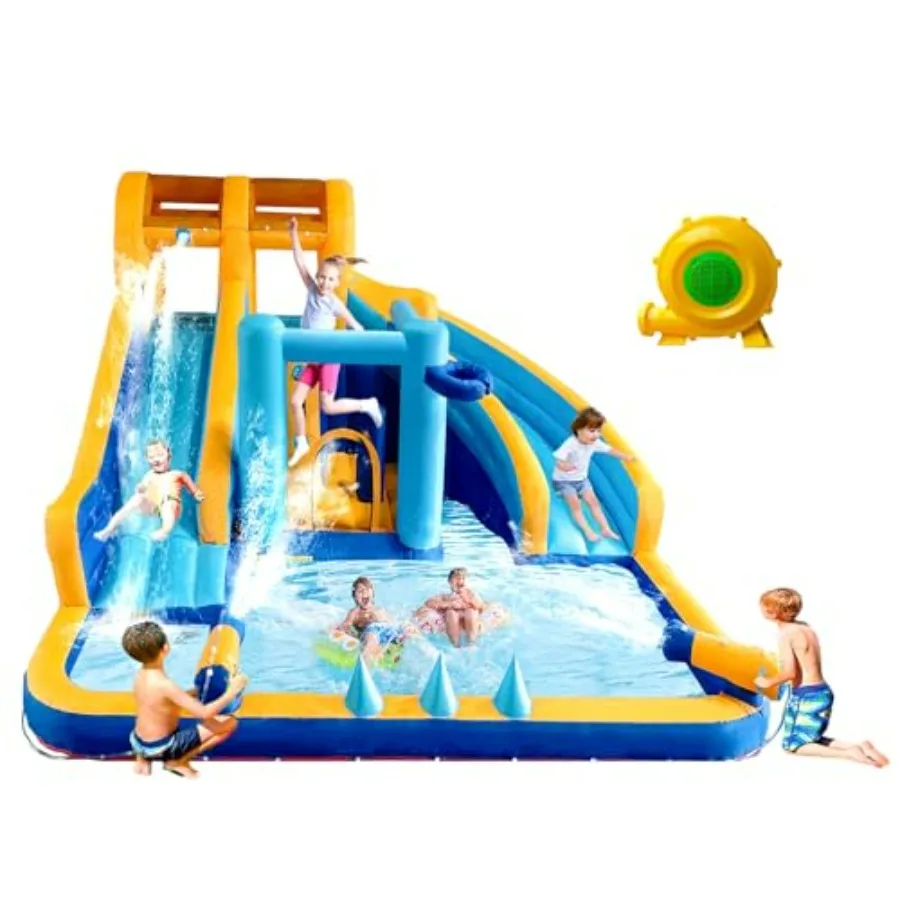 Inflatable Water Slide for 3-8, PVC Blue with Dual Slides, Large Splash Pool, Climbing Wall, Jumping Area, Boxing Game