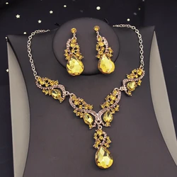Gorgeous Yellow Crystal Rhinestone Bridal Jewelry Sets for Women Bride Choker Necklace Earrings Wedding Jewelry Set Fashion