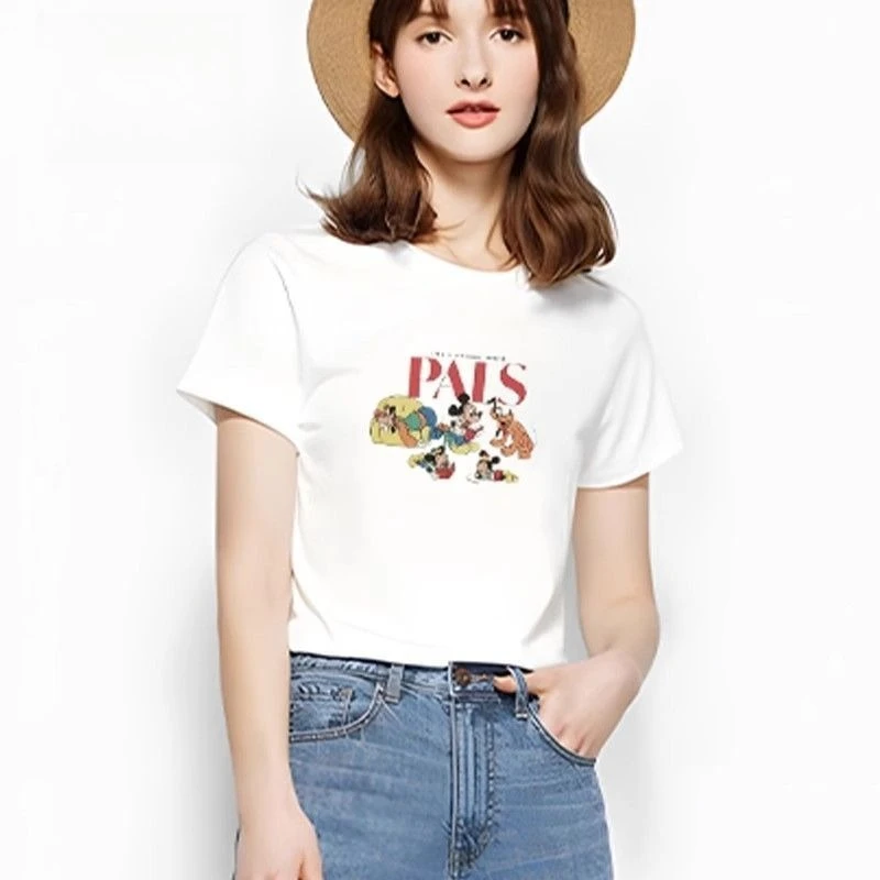 

Новая женская черная футболка с круглым вырезом на лето 2026 года, 100% хлопок, с принтом Микки Мауса, повседневная, с коротким рукавом