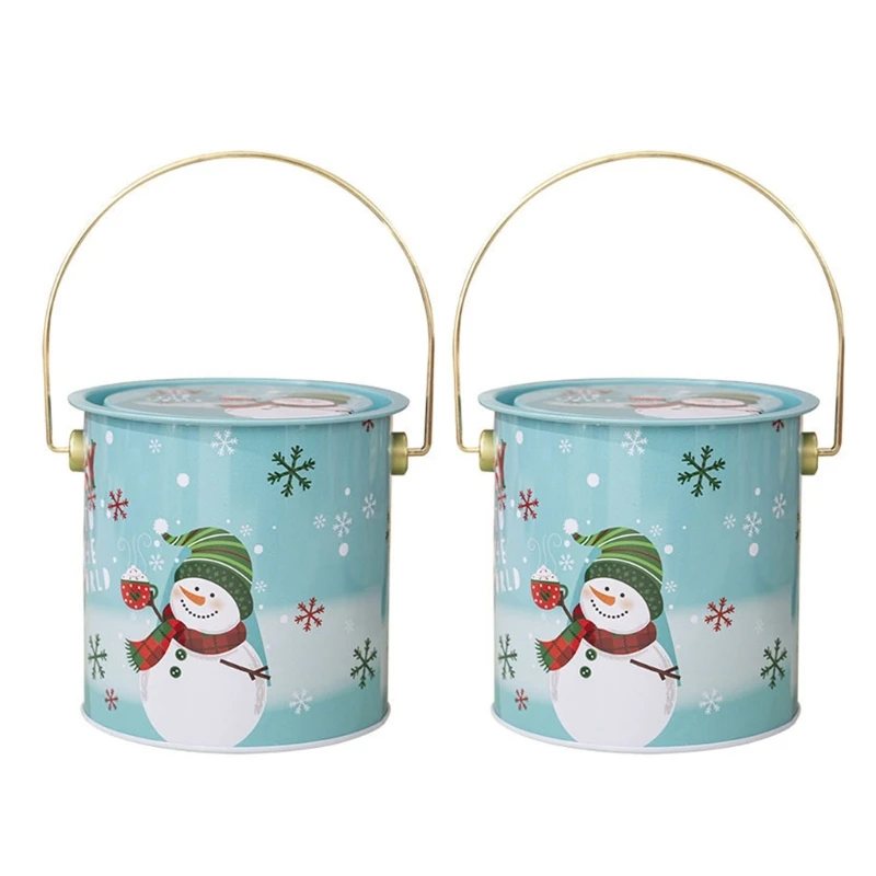 Set Of 2 Christmas Candy Boxes with Carry Handle Handheld Round Bucket Cookie Packaging Box Sweets Storage Container