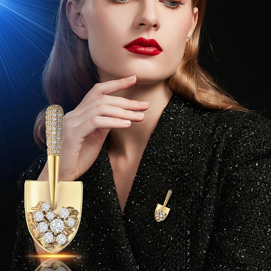 Women Girls Elegant Gold Color Crystal Shovel Brooches Pins Classic Small Size Creative Badges Corsage Party Wedding Buckle image 4