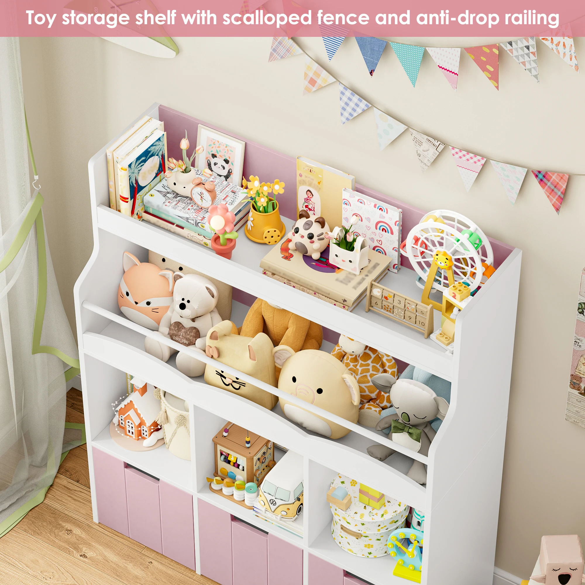 Kids' Bookshelf with Boxes on Wheels, Kids' Bookcase with 4 Storage Bins, Toy Shelf Kids' Room for Bedroom Kindergarten