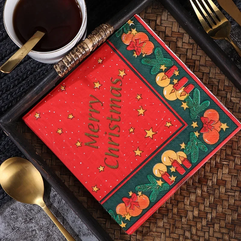 20pcs 33cm 2-Ply Christmas Printed Napkins Red Green Kitchen Table Decoration Square Napkins Cocktail Napkins