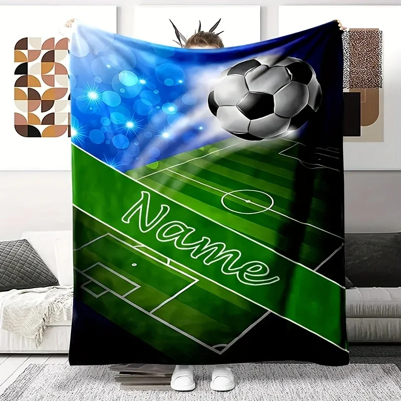 Personalisierte Fußball-Flanelldecke mit individuellem Namen, weicher Überwurf für Sofa, Bett, Reisen, Camping, Büro, Ganzjahresgeschenk für Sportfans