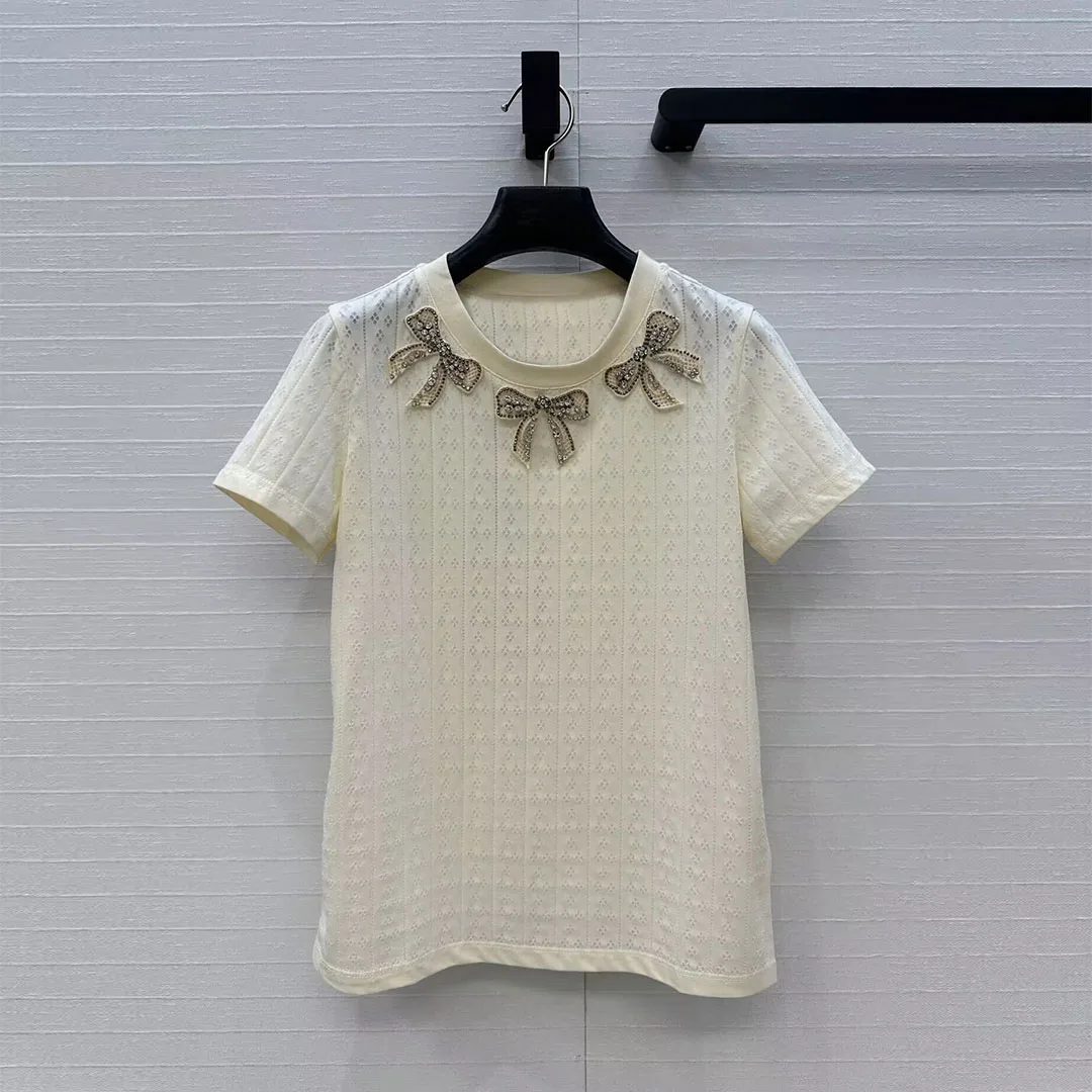 

2025 New Summer Fashion Sweet Diamonds Beading Bow T-shirt Women O-neck Short Sleeve Hollow Out Cotton Casual Tops Tee