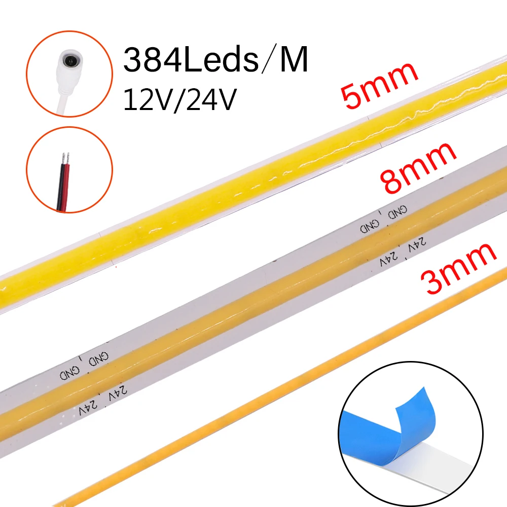 12V 24V COB LED Strip Light Flexible 3mm 5mm 8mm RA 90 384LEDs/m High Bright Tape Light Bar White Warm White Natural White Decor